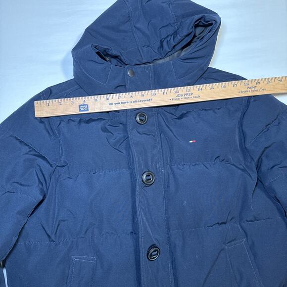 Tommy Hilfiger Mens Large Puffer Jacket Hooded Winter Coat Logo Patch Navy Blue - Picture 9 of 16
